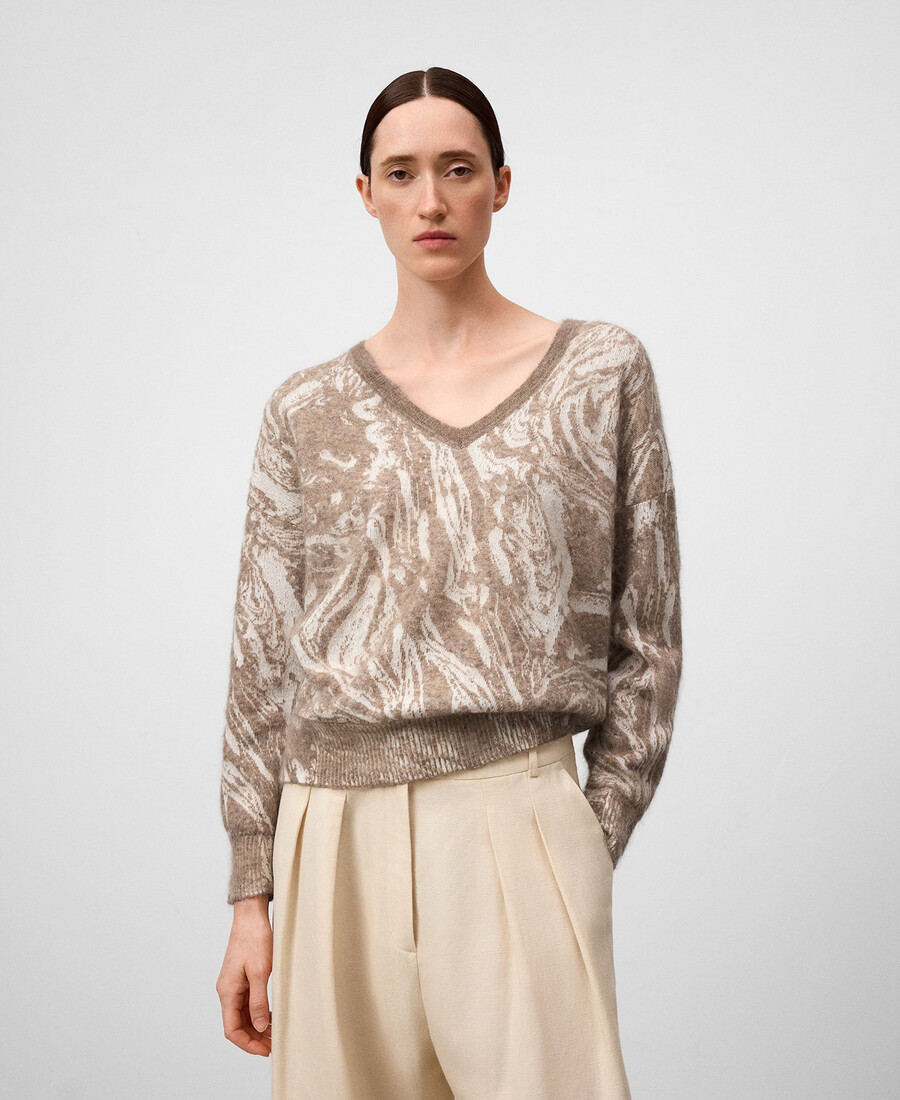 damenpullover mit jacquard-strickmuster und print