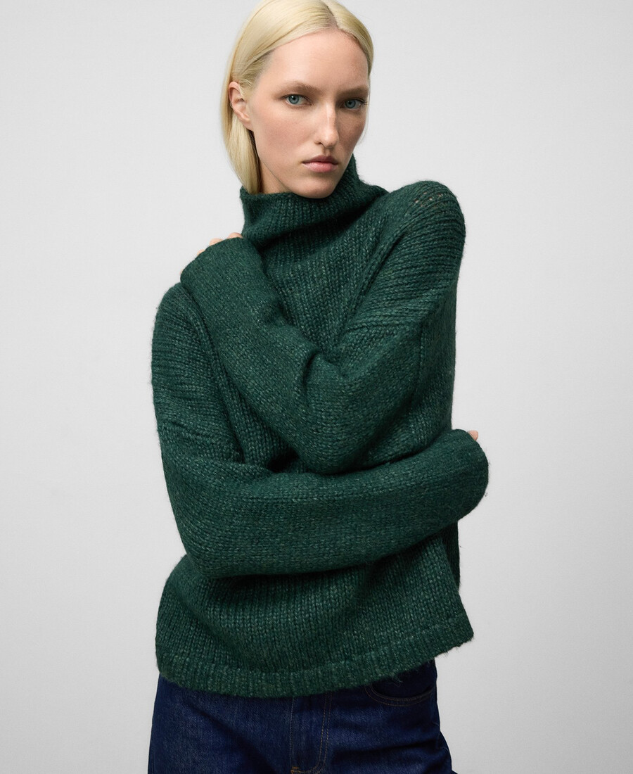 grüner strickpullover mit stehkragen für damen