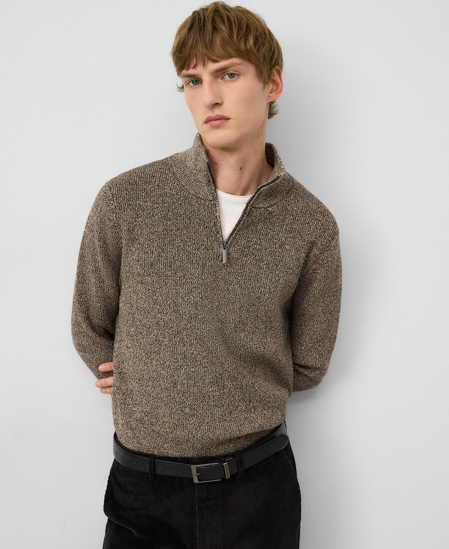 herren-strickpullover in melange-optik mit reißverschluss